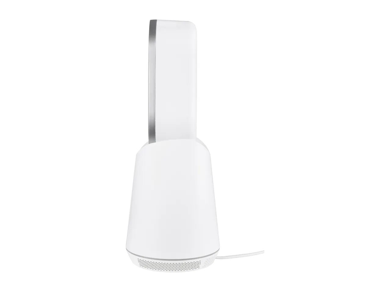 Side view of a white bladeless fan with a power cord