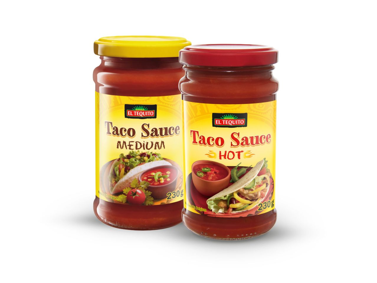 Dvije staklenke El Tequito taco umaka, jedna srednje ljuta i jedna ljuta, s etiketama koje prikazuju tacose i umak.