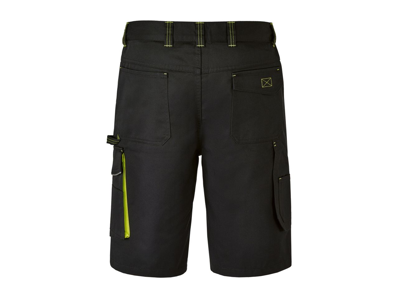 Black work shorts with side pockets and a lime green zipper detail.
