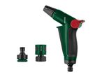 Green and black garden spray gun with two hose connectors.