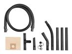 Vacuum cleaner accessories including a hose, dust bag, and various nozzles and extension tubes.