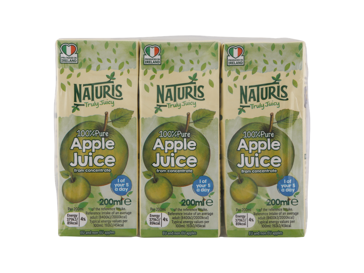 Three Naturis Truly Juicy 100% Pure Apple Juice cartons.
