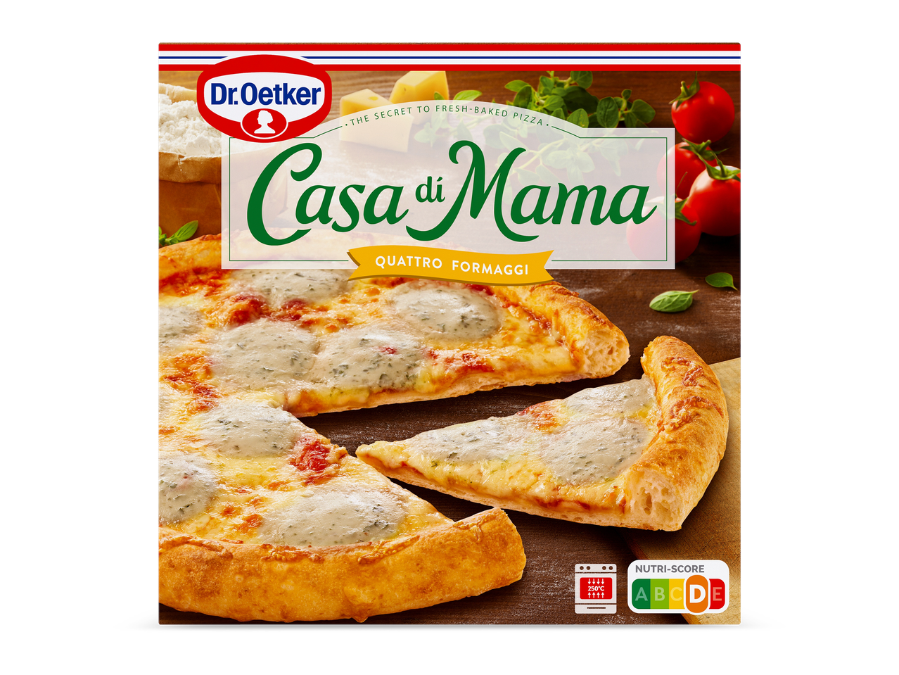 Verpakking van een diepvriespizza met vier kazen, met een Nutri-Score D.