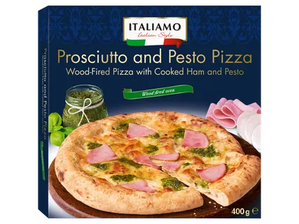 Prosciutto-pesto pizza