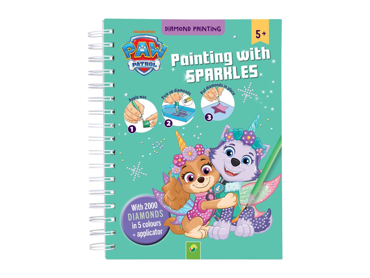 A spiral-bound diamond painting kit for ages 5+, featuring cartoon puppies and instructions for applying sparkles.