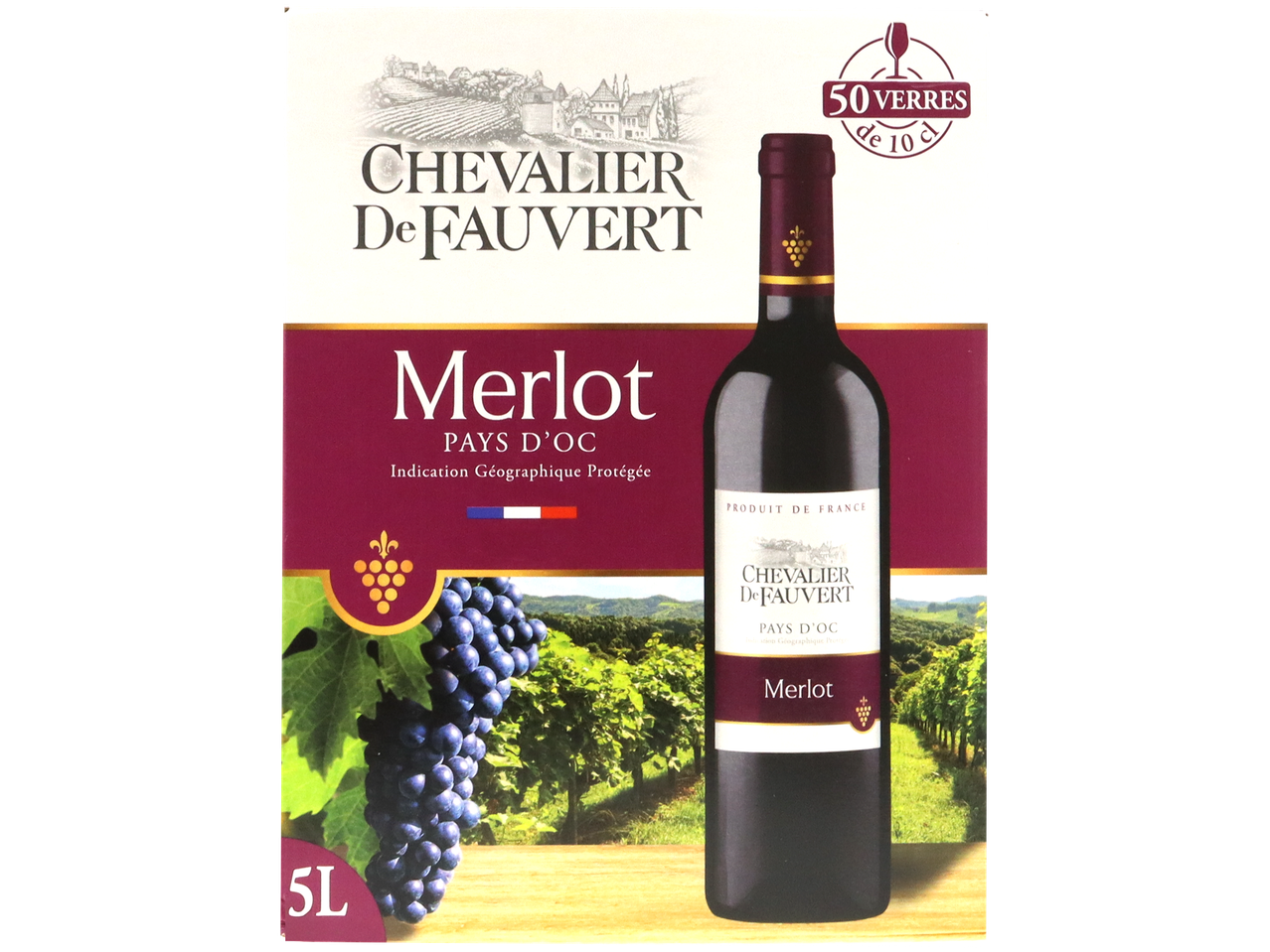 Un carton de vin rouge Merlot de 5L avec une bouteille de vin et des grappes de raisin.
