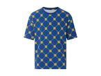 Blå T-shirt med gentagne Lidl-logoer i et gittermønster.
