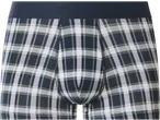 Men's plaid boxer shorts in dark blue, white, and green with a dark blue waistband.