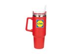 Rød Lidl-termokop med hank og sugerør