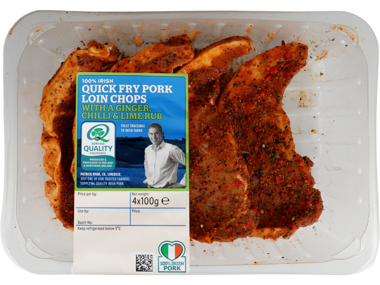 Pack of four quick fry pork loin chops with ginger, chilli, and lime rub.