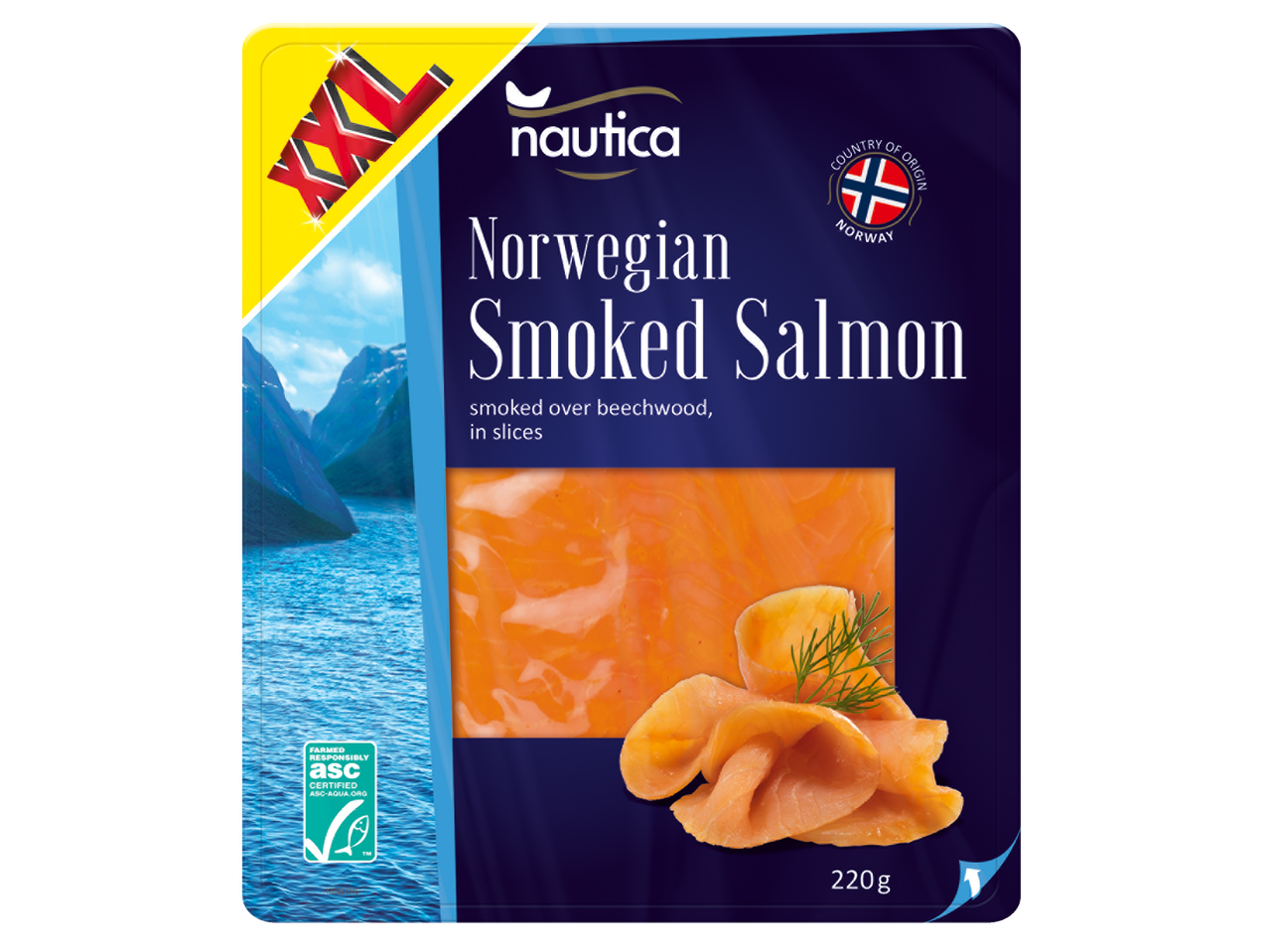 Tranches de saumon fumé norvégien Nautica (220g), certifié ASC.