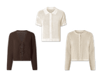 Drei gestrickte Oberteile: ein weißes Poloshirt, eine braune Strickjacke mit Schnürung und eine cremefarbene Strickjacke.