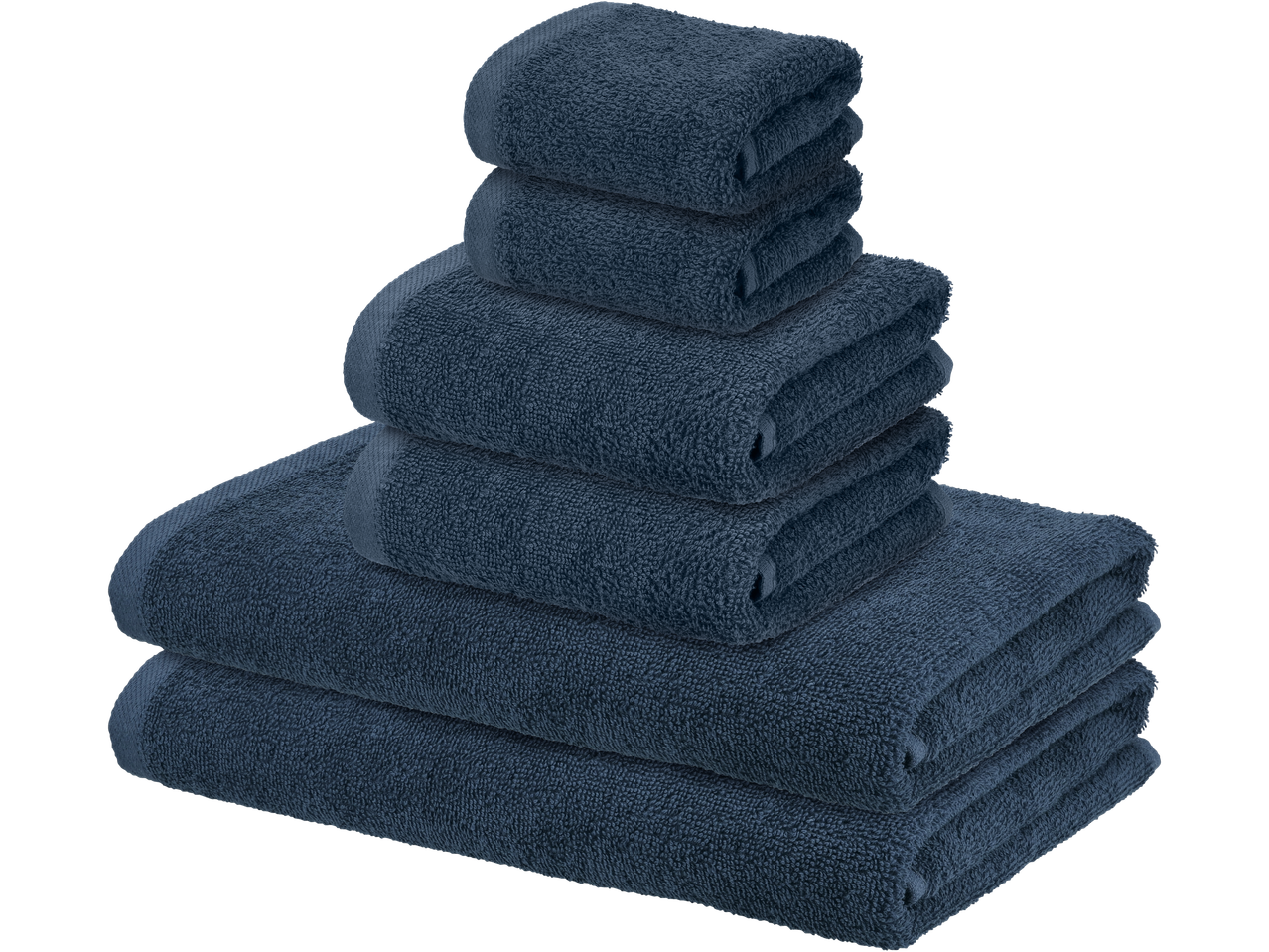 Sulankstytų tamsiai mėlynų rankšluosčių krūva įvairių dydžių.