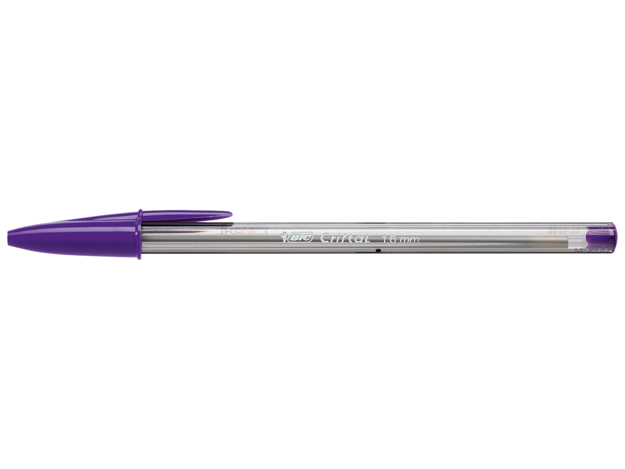 Un stylo à bille violet avec un corps transparent et un capuchon violet.