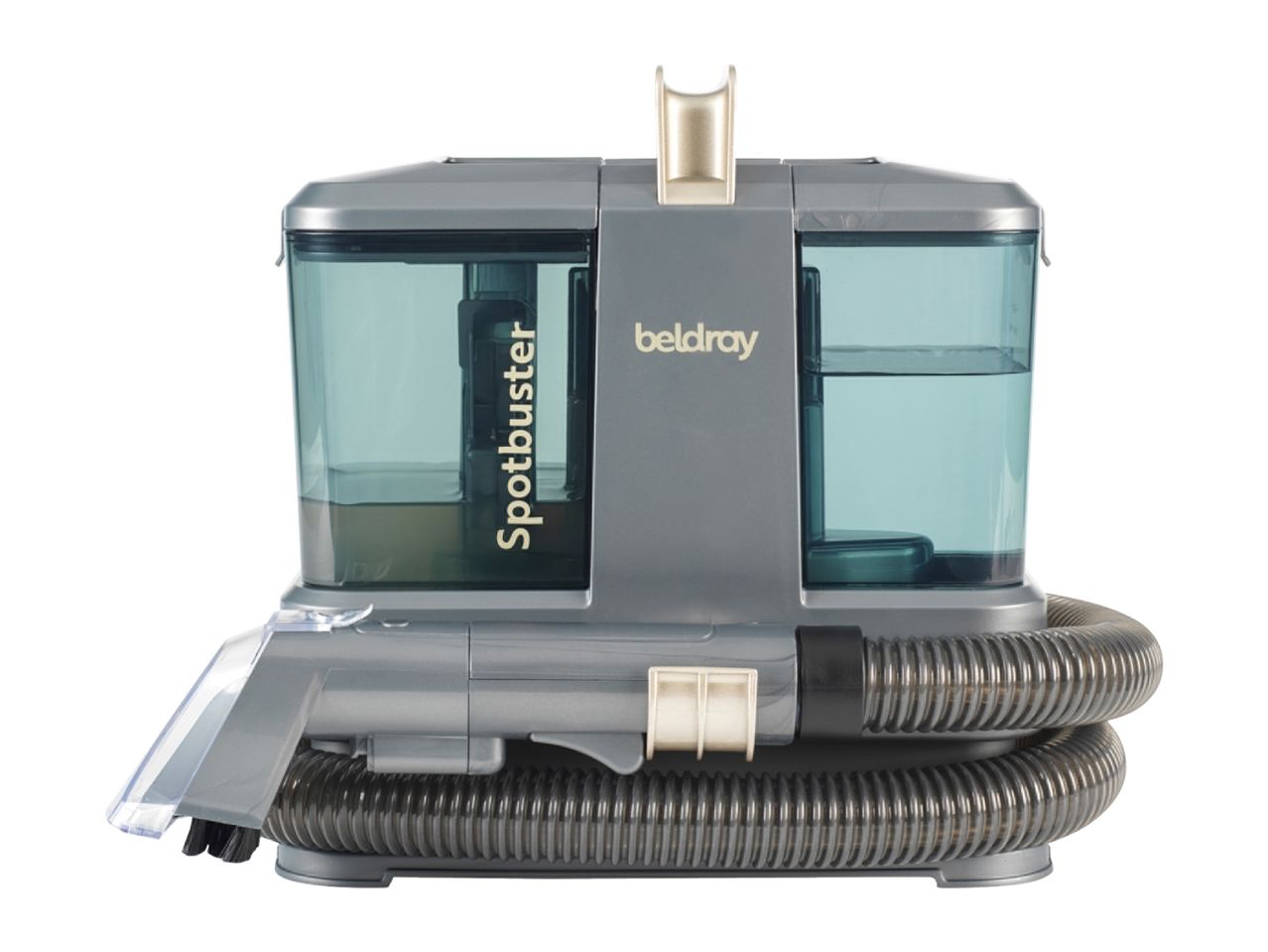 Grey and teal spot cleaner with two transparent tanks, a hose, and a cleaning brush attachment.