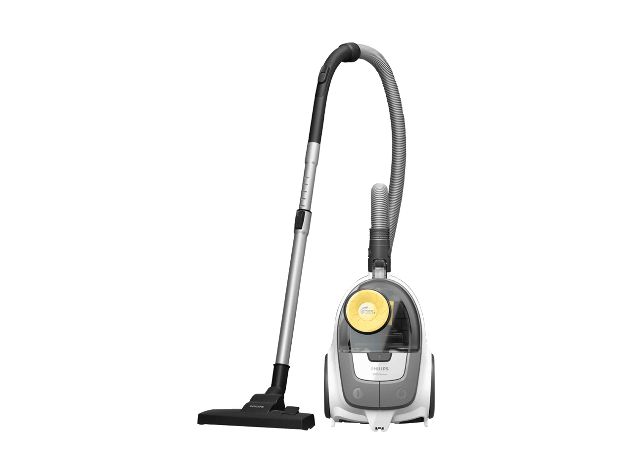 Aspirateur traîneau blanc et gris avec tuyau et brosse, doté d'un filtre jaune.