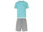 Men's Pyjama Set of light blue short-sleeved t-shirt and grey shorts pajama set.