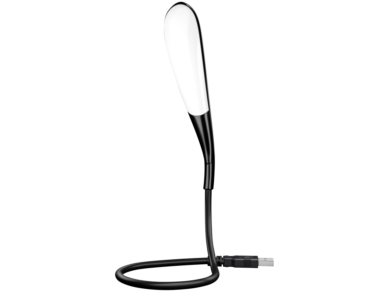 Mebus LED USB-lampa med svart kabel och vitt ljushuvud.