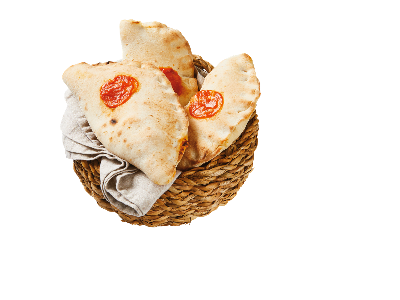 Calzones com molho de tomate em uma cesta.