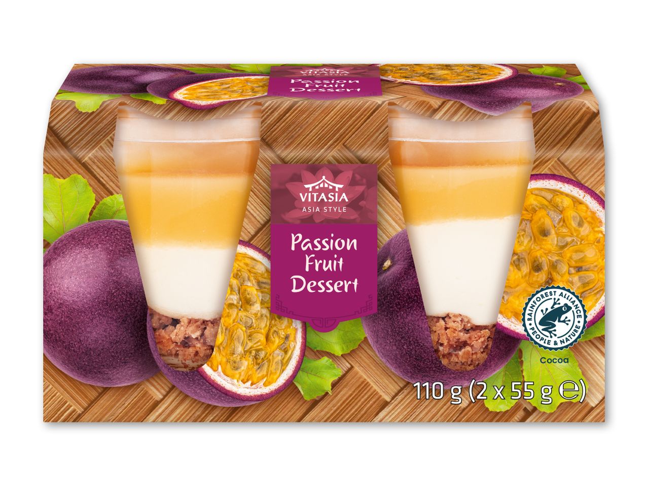 Pakke med to passionsfrugtdesserter i glas, med Rainforest Alliance-mærket og vægtangivelse.