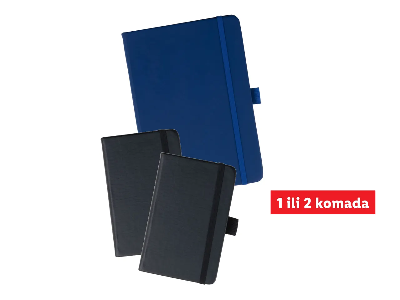 Plava i dvije crne bilježnice s elastičnom trakom, s natpisom '1 ili 2 komada'.