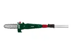 Green and red pole chainsaw with a silver extension pole, shown horizontally.