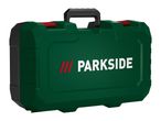 Green and black plastic tool case with a carrying handle and red latches.