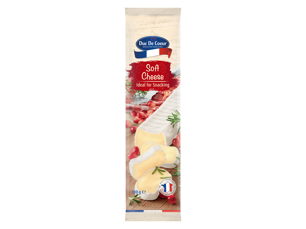 Duc de Coeur Soft Cheese for Snacking, 180g, with French origin label.
