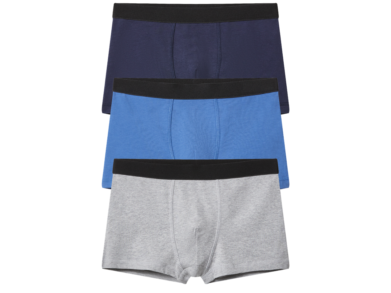 Комплект от три детски боксерки в синьо, тъмносиньо и сиво.