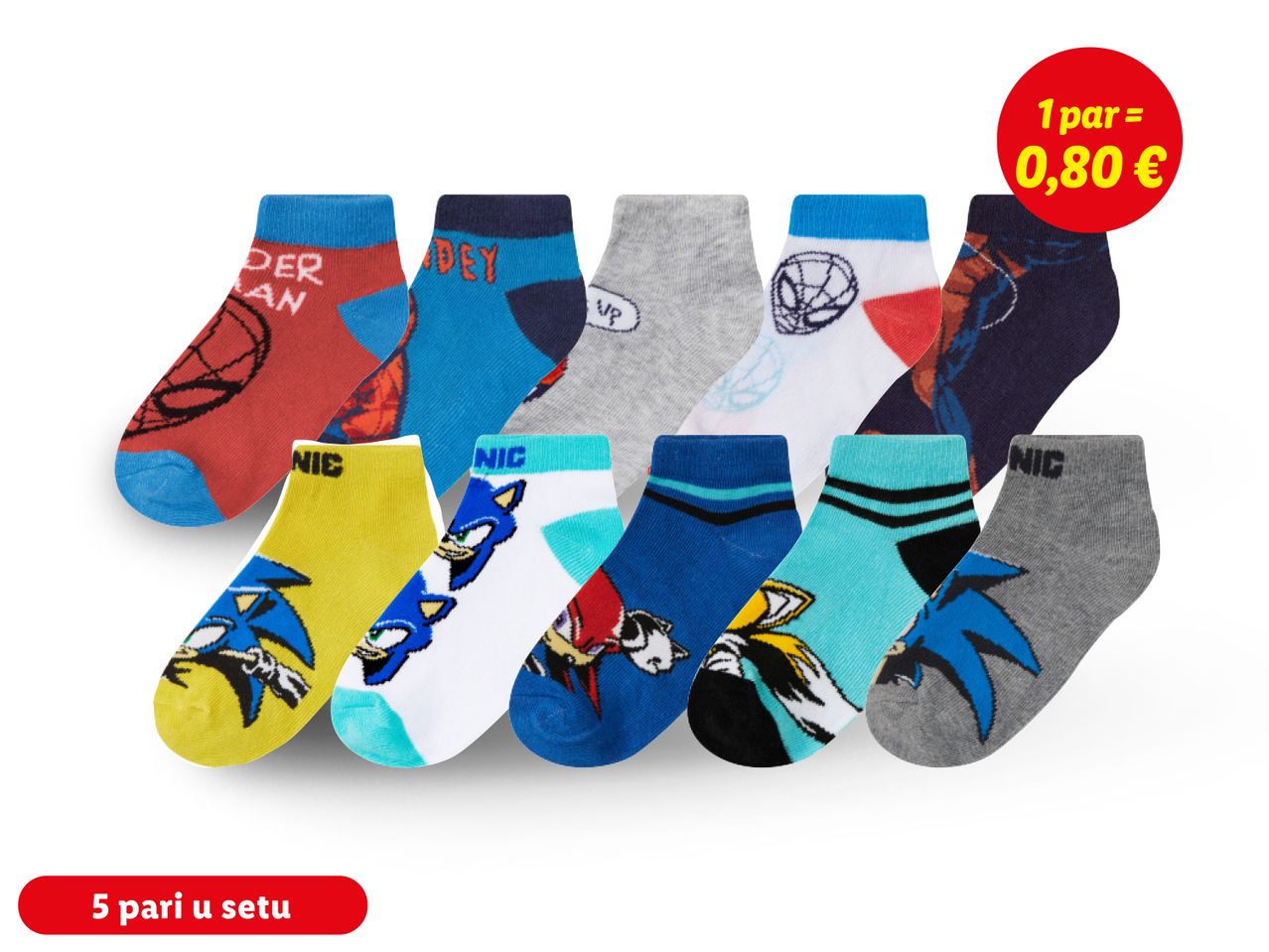 Dječje čarape s likovima Sonic the Hedgehoga u pakiranju od 12 pari.