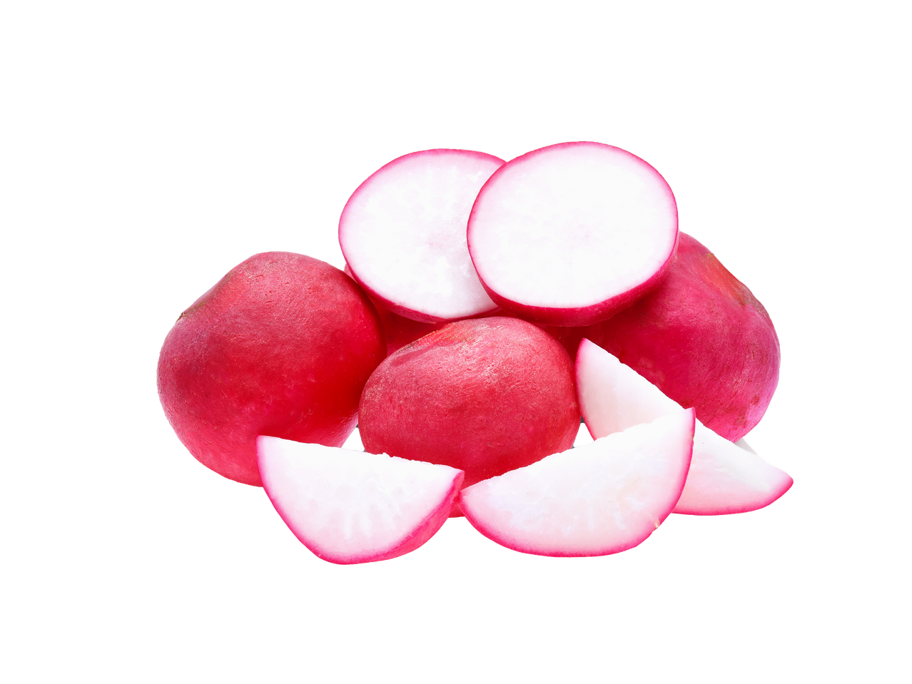 Whole and sliced radishes with bright red skin and white flesh.