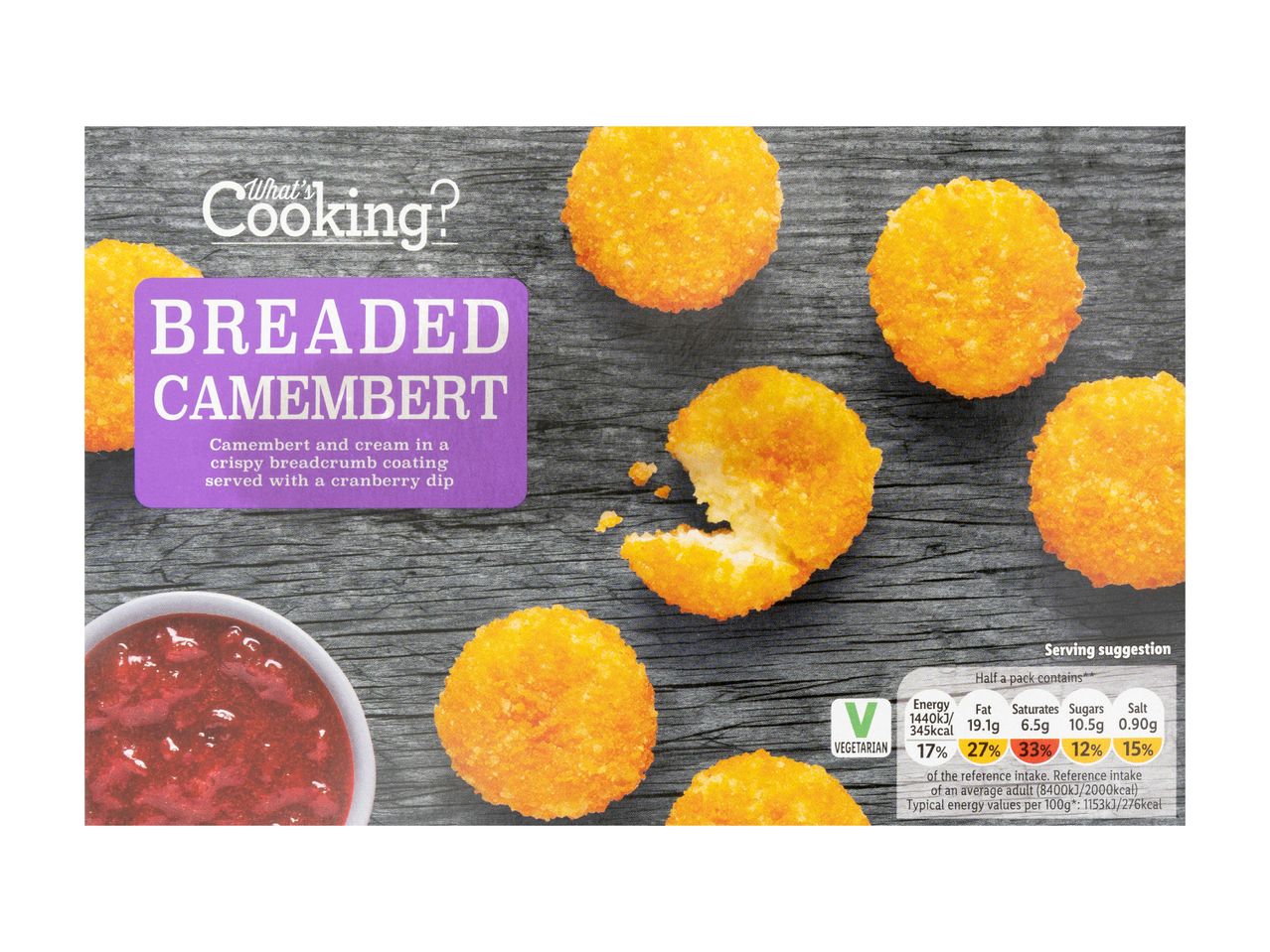 Breaded Camembert with cranberry dip, showing nutritional information and a vegetarian label.