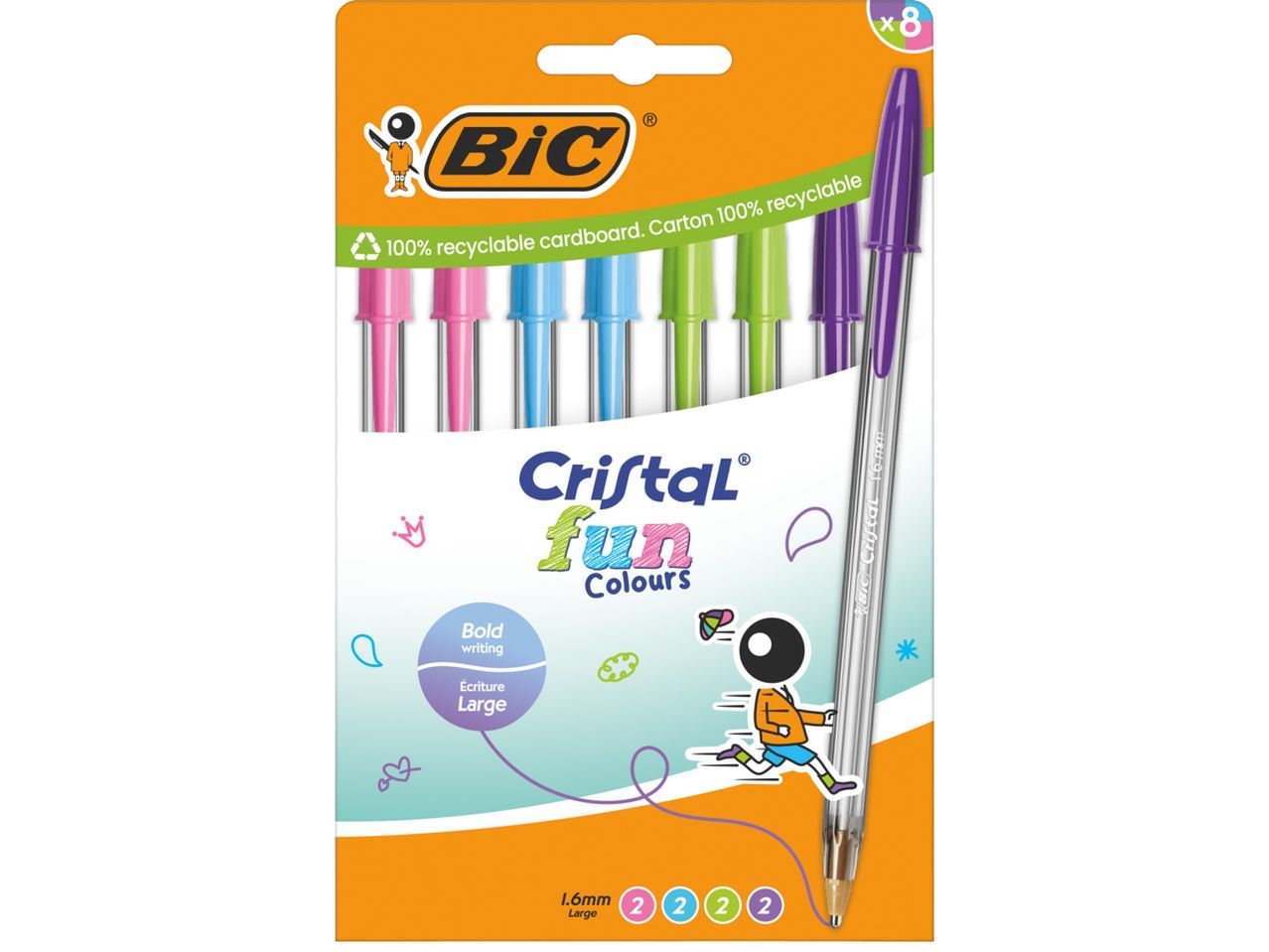 Опаковка от 8 химикалки BIC Cristal Fun Colours с дебелина на писане 1,6 мм.