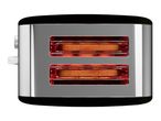 A two-slice stainless steel toaster with glowing heating elements.