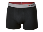 Boxer noir pour homme avec ceinture grise et motif rouge, coutures apparentes.