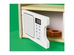 Toy microwave oven with digital display showing 3:00 and control buttons.