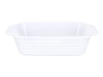 White rectangular ceramic baking dish with ribbed sides and small handles