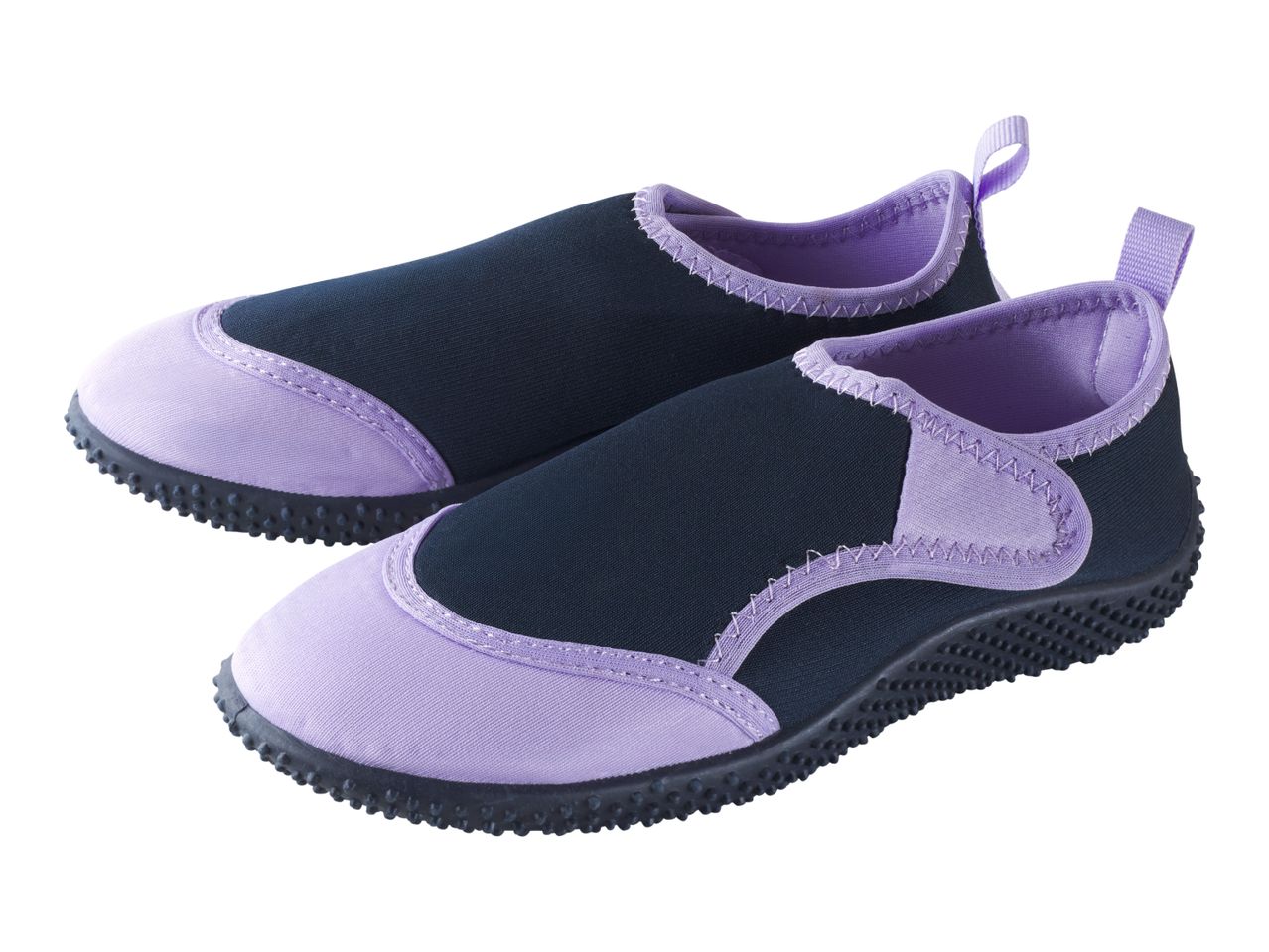 Pair of black and purple water shoes with textured soles