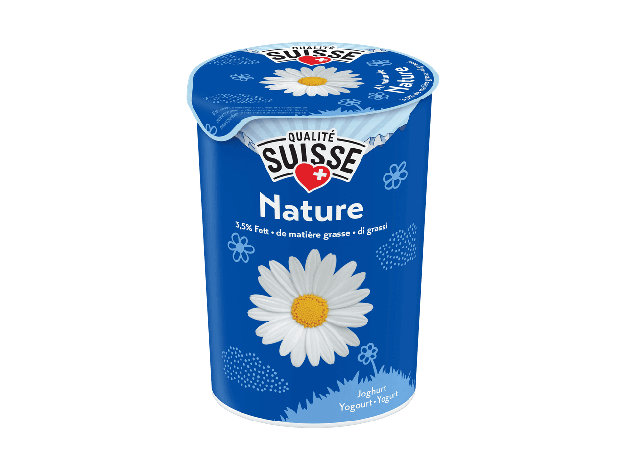 Qualité Suisse Naturjoghurt mit 3,5% Fett, verziert mit Gänseblümchen