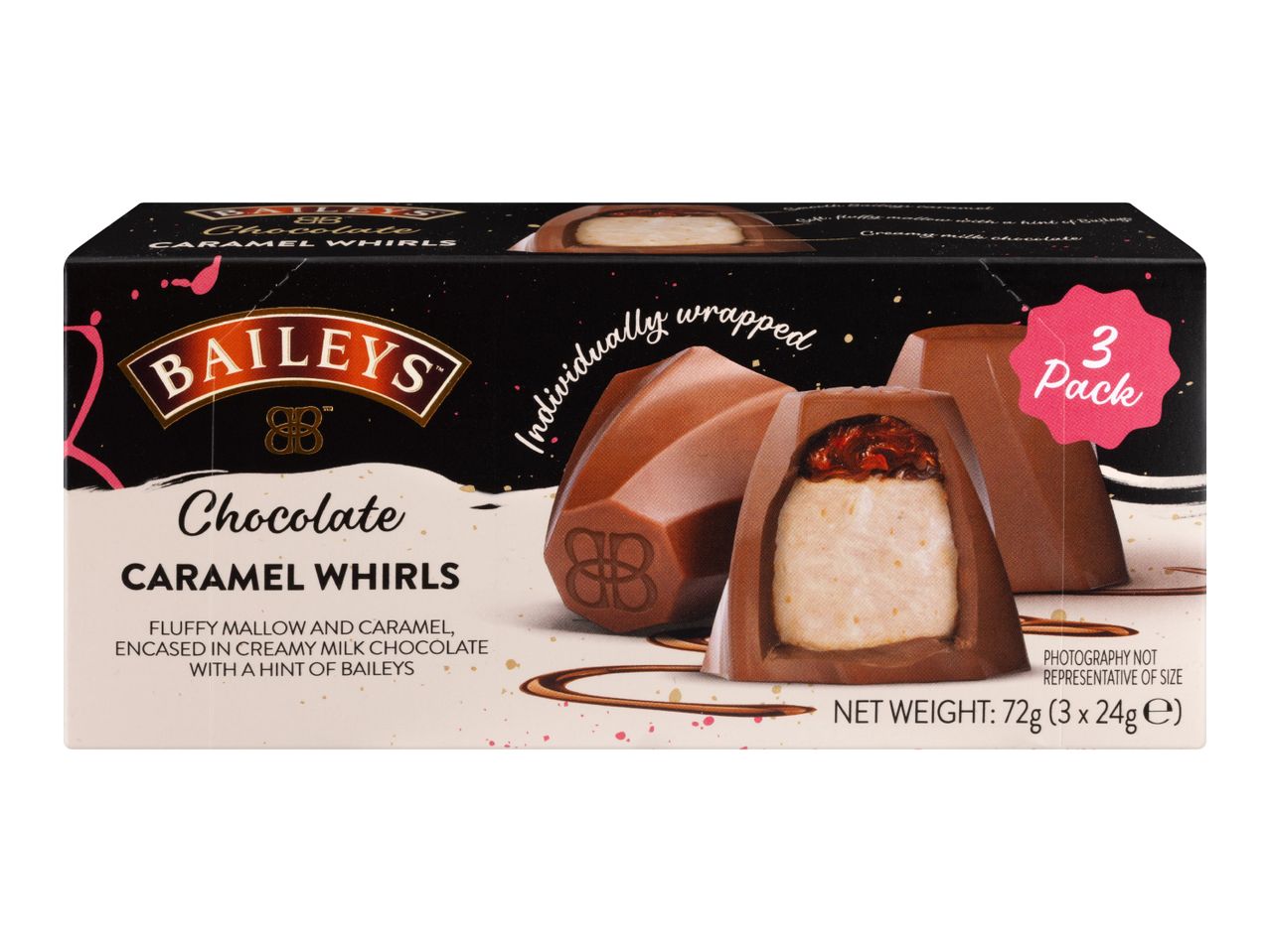 A 3-pack box of chocolate caramel whirls with fluffy mallow and a hint of Irish cream liqueur.