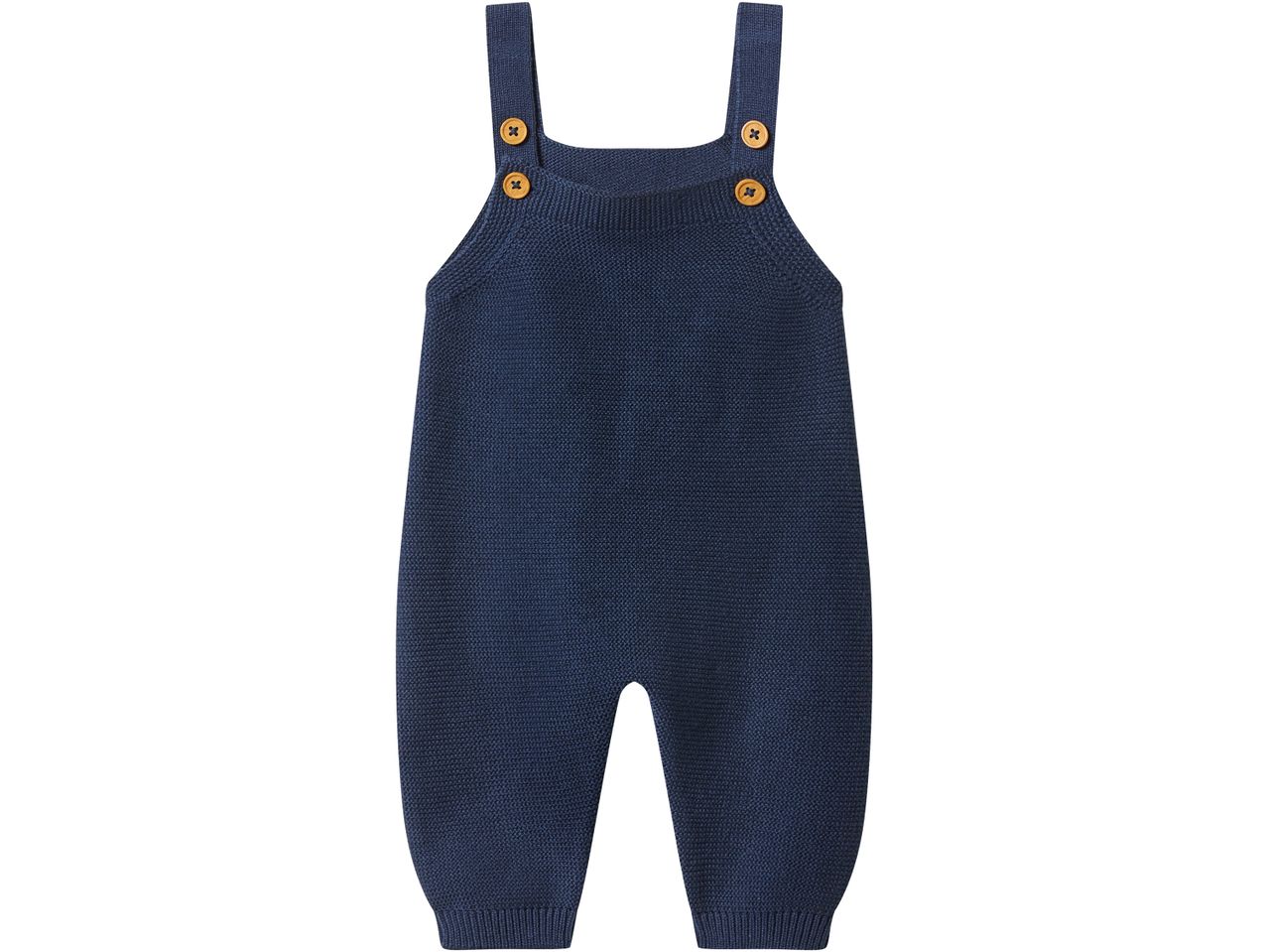 Navy blue knitted baby romper with wooden buttons