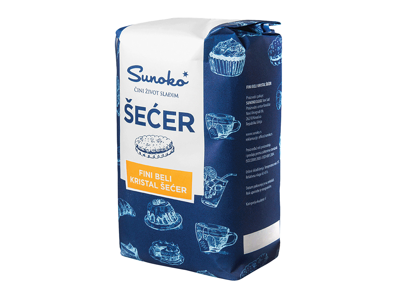 Pakovanje belog kristal šećera sa ilustracijama kolača i pića.