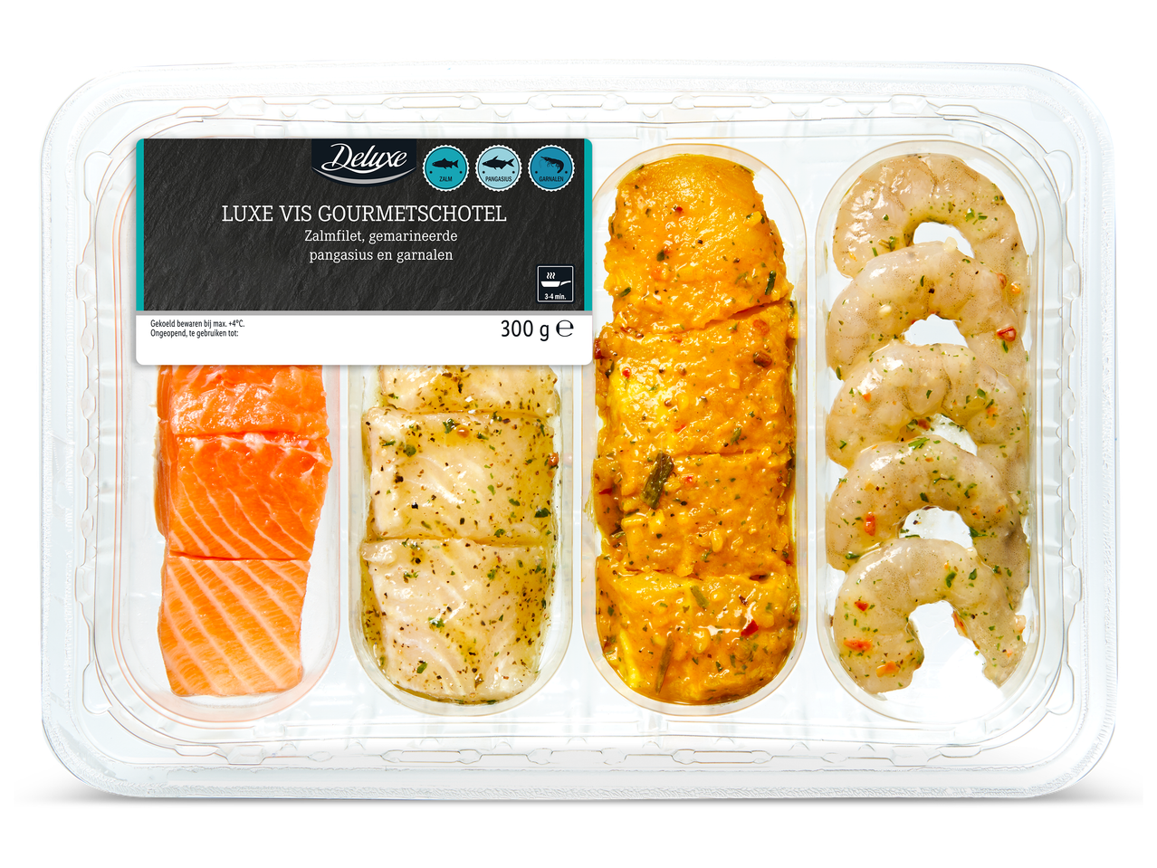 Luxe vis gourmetschotel met zalmfilet, gemarineerde pangasius en garnalen, 300g.