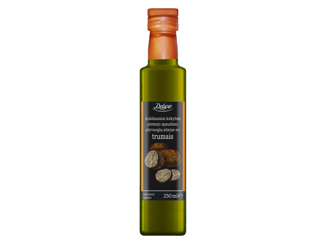 Deluxe aukščiausios kokybės pirmojo spaudimo alyvuogių aliejus su trumais, 250ml butelis.
