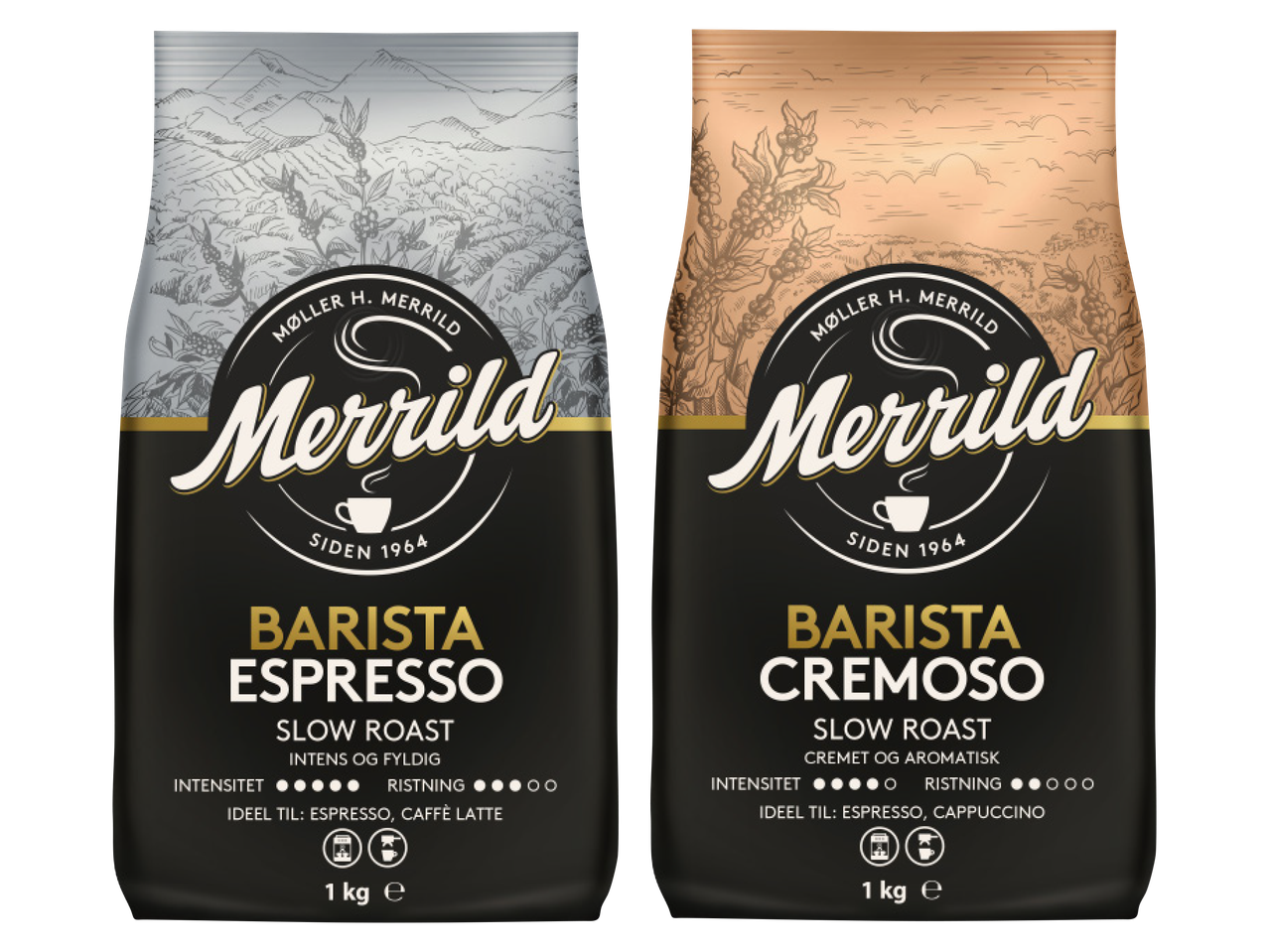 Divas Merrild Barista kafijas pupiņu pakas: Espresso un Cremoso, abas 1 kg.
