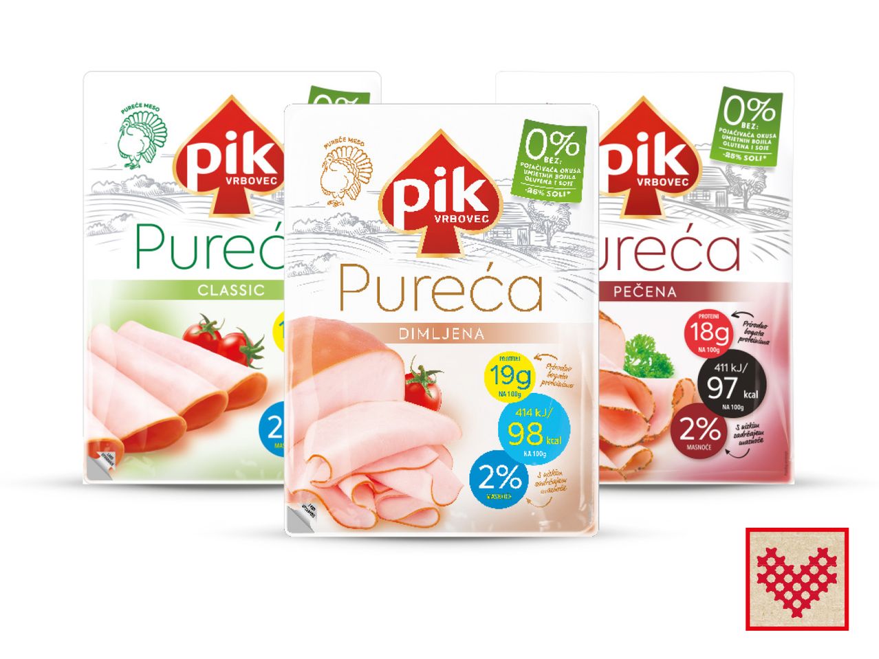 Tri pakiranja narezane puretine marke PIK Vrbovec: klasična, dimljena i pečena.