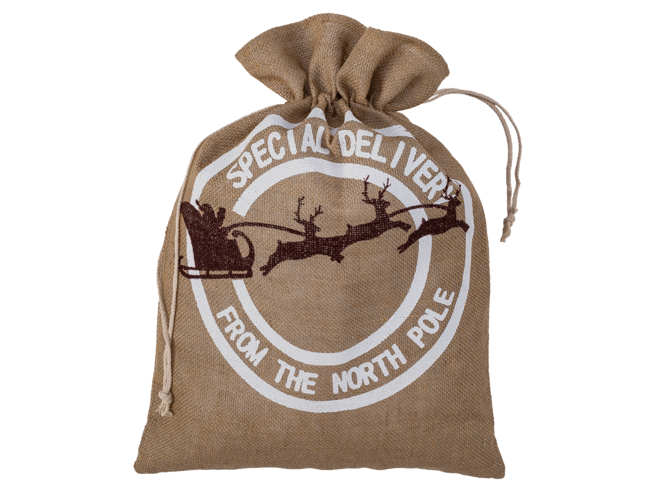 LIVARNO HOME® dovanų maišelis iš džiuto su užrašu „SPECIAL DELIVERY FROM THE NORTH POLE“