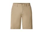 Front view of a pair of plain beige men's shorts with a button and zipper closure.