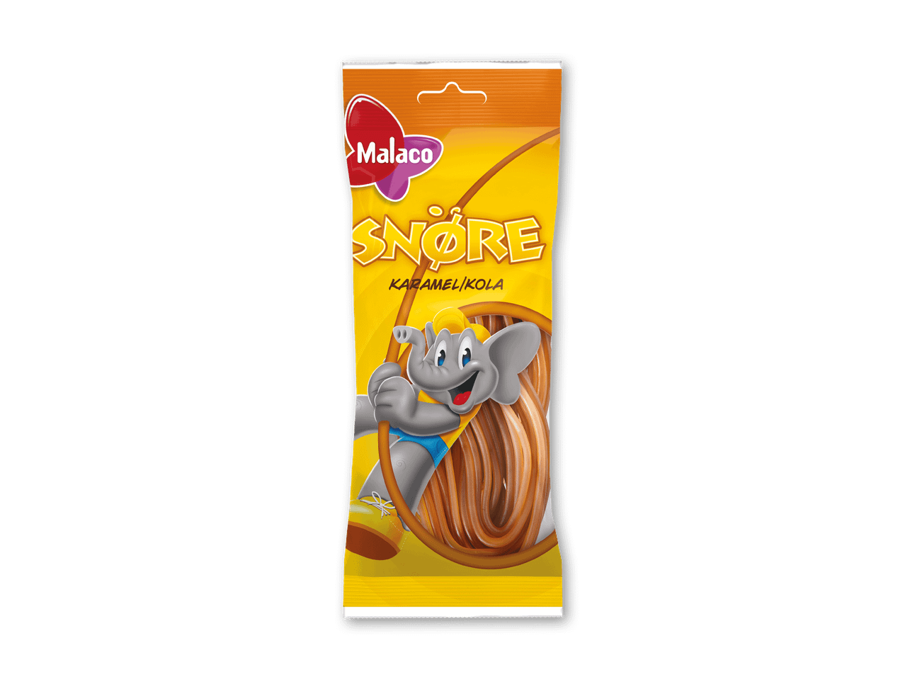 Pakke med karamel- og kolasnøre med en tegneserieelefant.