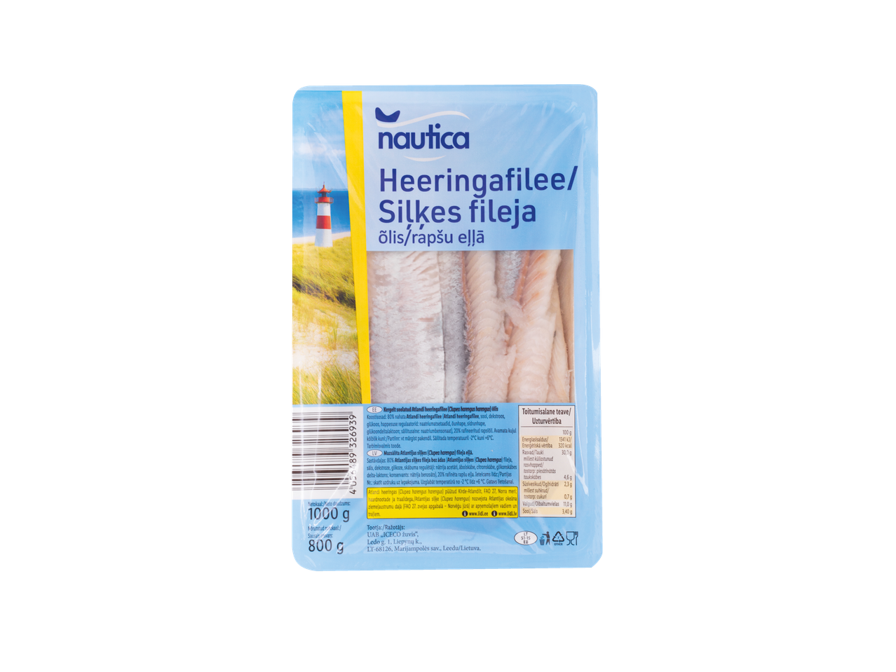 Heeringafilee õlis pakendis, millel on majaka pilt ja toitumisalane teave.
